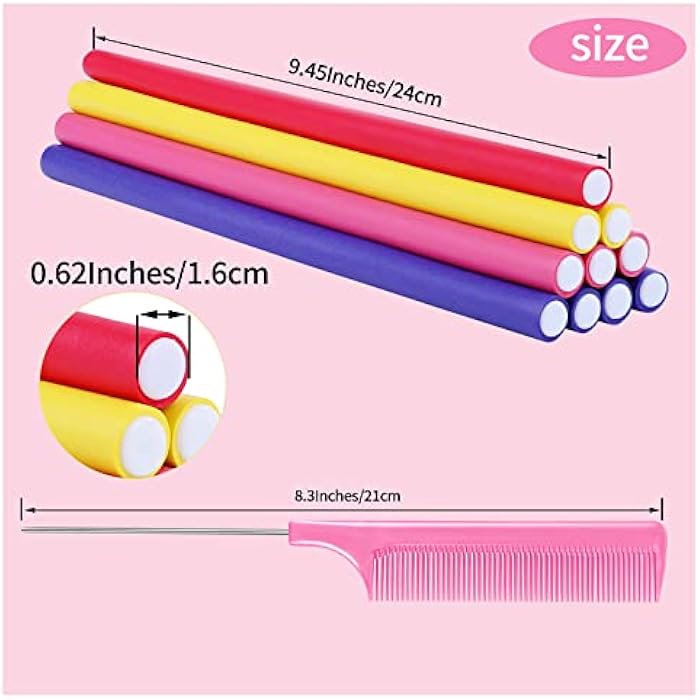 Elcoho 36 Pieces 9.45 x 0.63 Inch Inch Flexible Curling Rods Twist-flex Foam Hair Roller Hair Curlers Rollers Flexible Curling Iron, 4 Comb, 1 Satin Bonnet, 1 Cosmetic Bag (Purple, Pink, Red, Yellow) - Image 2